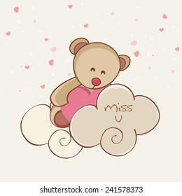 Happy Valentine's Day celebration with cute teddy bear holding a pink heart and saying Miss U.