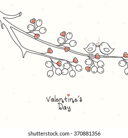 Happy Valentine's Day celebration with cute couple of love bird sitting on hearts decorated tree branch.