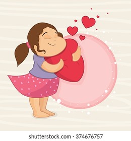 Happy Valentine's Day celebration with cute smiling girl holding red heart and space for your wishes.