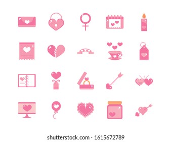 happy valentines day celebration decoration romantic icons set vector illustration pink design