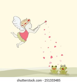 Happy Valentine's Day celebration with flying cupid dropping love on cute frog couple.