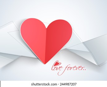 Happy Valentines Day celebration with folded paper heart on hi-tech grey background.