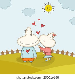 Happy Valentine's Day celebration with funny cartoon couple in love on nature background.
