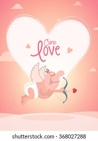 Happy Valentine's Day celebration with funny cartoon of cupid holding bow and arrow, flying on hearts decorated background.