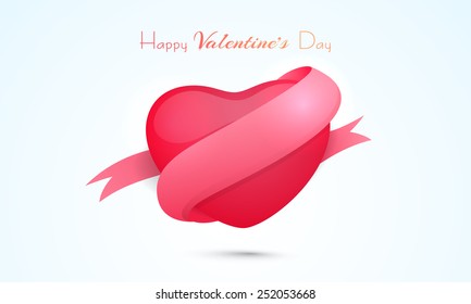 Happy Valentines Day celebration with glossy heart covered by pink ribbon on sky blue background.