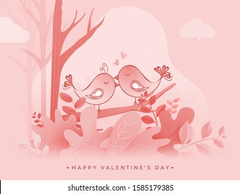 Happy Valentine's Day Celebration Greeting Card with Romantic Birds Couple Sitting on Pink Nature View Background.