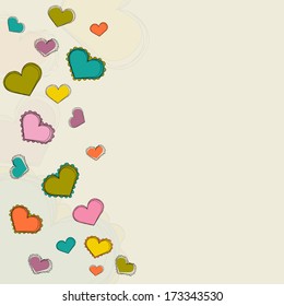 Happy Valentines Day celebration greeting card with colorful heart shape and space for your text on abstract background. 