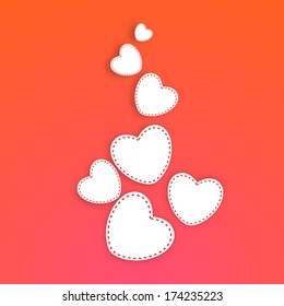 Happy Valentines Day celebration greeting card design with white heart shape design on orange and pink background. 