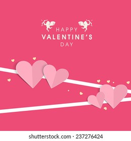 Happy Valentine's Day celebration greeting card design with paper hearts on pink background.