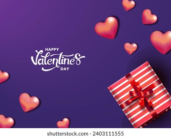 Herzlichen Glückwunsch Valentinstag Grußkarte mit Draufsicht auf realistische Geschenkbox und glänzende Herzen auf violettem Hintergrund.