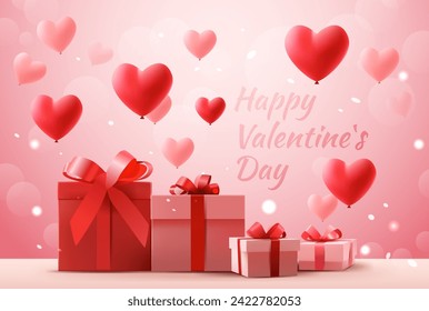 happy valentines day celebration greeting card red air balloons in heart shape with wrapped gift boxes horizontal