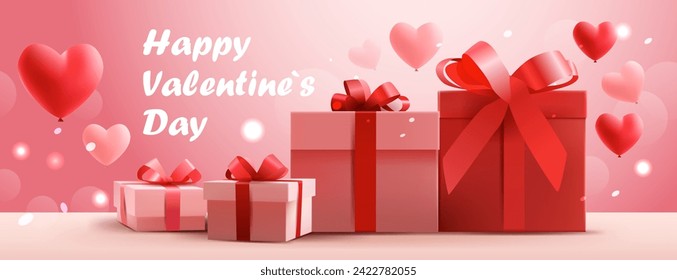 happy valentines day celebration greeting card red air balloons in heart shape with wrapped gift boxes horizontal