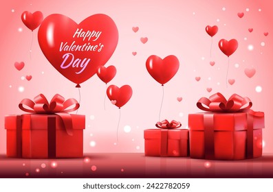 happy valentines day celebration greeting card red air balloons in heart shape with wrapped gift boxes horizontal