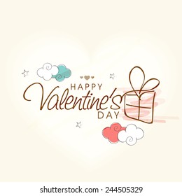 Happy Valentines Day celebration greeting card design with gift box on clouds and stars decorated background.