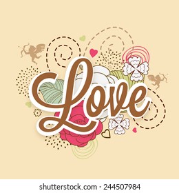 Happy Valentines Day celebration greeting card design with stylish text Love on flowers decorated background. 