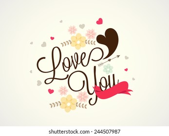  Happy Valentines Day celebration greeting card design with text Love You on flowers decorated background.