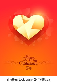 Happy Valentines Day celebration greeting card design with shiny heart on red and orange background.