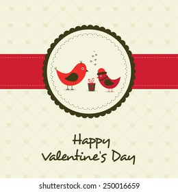 Happy Valentine's Day celebration greeting card design with cute love bird couple and gift.