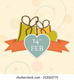 Happy Valentine's Day celebration greeting card decorated by gifts, ribbon and text 14th Feb on heart.