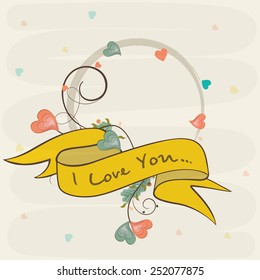 Happy Valentine's Day celebration greeting card with text I Love You on yellow ribbon on colorful hearts decorated background.