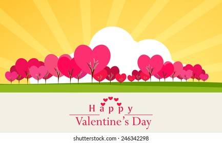 Happy Valentine's Day celebration with heart shape pink trees on rays background.