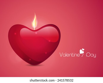 Happy Valentine's Day celebration love greeting card with illuminated heart shape candle on pink background.
