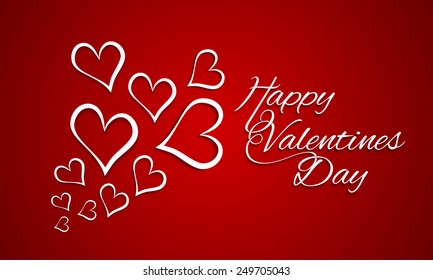 Happy Valentine's Day celebration love greeting card with hearts on glossy red background.