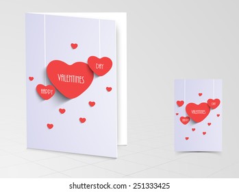 Happy Valentines Day celebration love greeting card decorated by red hanging hearts on glossy grey background.