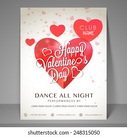 Happy Valentines Day celebration night party flyer decorated by red shiny hearts.