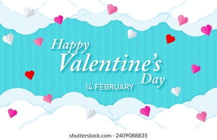 Happy Valentine's Day Celebration on Origami Paper Heart and Paper Cloud Style
