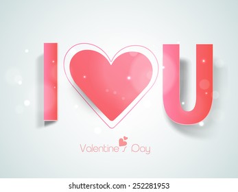 Happy Valentine's Day celebration with pink paper text I Love You on shiny sky blue background.