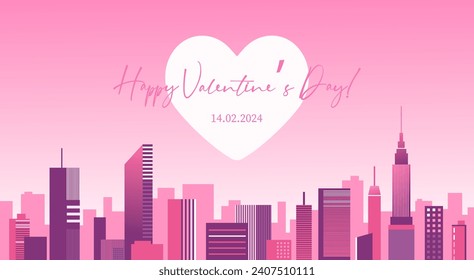 Afiche feliz de la celebración del Día de San Valentín. Amor y paisaje urbano con silueta cardíaca en cielo rosado. Ilustración vectorial.