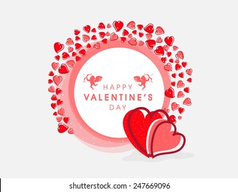 Happy Valentines Day celebration with red hearts decorated frame on grey background.