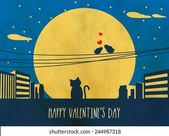 Happy Valentines Day celebration with silhouette of bird couple in love and cat on grungy urban night background.