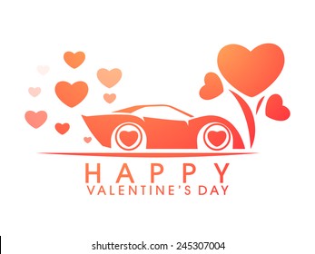 Fröhliche Valentinstag-Feier mit stilvollem Auto und Herzen auf weißem Hintergrund.