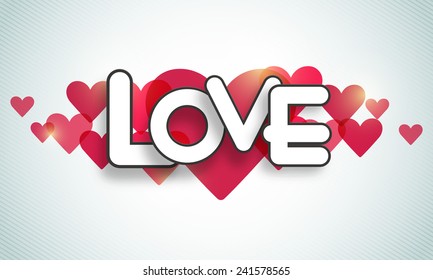 Happy Valentine's Day celebration with text Love on love hearts decorated shiny sky blue background.