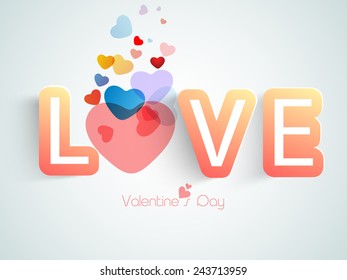 Happy Valentine's Day celebration with text Love and colorful hearts on shiny sky blue background.