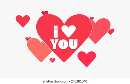 Happy Valentine's Day celebration with text I Love You on red hearts decorated white background.