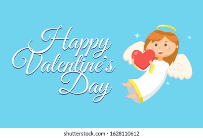 Happy Valentines day celebration vector, girl with heart in hands, wings and nimbus. Holiday of love and couples, winged angel with halo above greeting