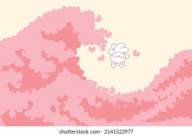 Happy Valentine's Day celebration vector card or love greeting card. Cartoon character overwhelmed with love and sinking in a wave of hearts. Hokusai wave parody.  Love you card.