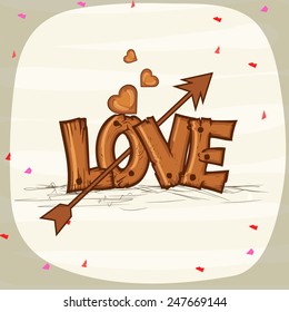 Happy Valentines Day celebration with wooden text Love, arrow and hearts on stylish background.