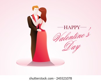 Happy Valentines Day celebration with young couple in love on pink background.