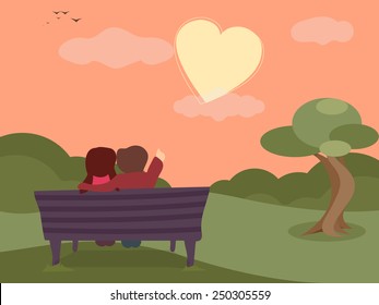 Happy Valentine's Day celebrations with cute couple pointing to the heart shape in sky on evening background.