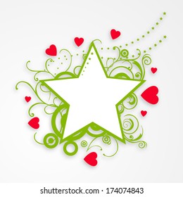 Happy Valentines Day celebrations greeting card with stylish star and red heart shape on floral decorated green background. 