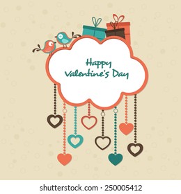 Happy Valentine's Day celebrations greeting card design with love birds, colorful gift boxes and hanging hearts on stylish background.