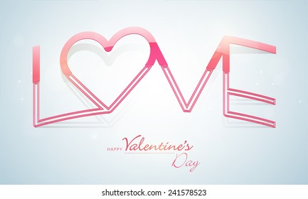 Happy Valentine's Day celebrations with pink text Love and heart shape on blue background.