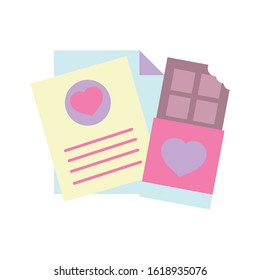 happy valentines day, chocolate bar and message letter celebration vector illustration