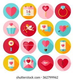 Happy Valentines Day Circle Icons Set with long Shadow. Flat Design Vector Illustration. Love Holiday. Collection of Circle Wedding website Icons.