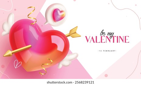 Happy valentine's day clipart background design. Valentine greeting text with heart piercing cupid arrow with wings in pink abstract background. Vector illustration valentine's day invitation card 