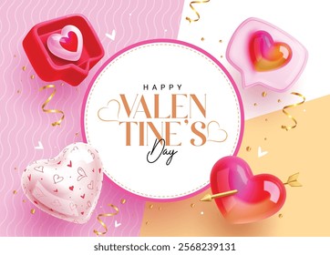 Happy valentine's day clipart background design. Valentine greeting text with heart speech bubble, piercing cupid arrow and inflatable balloon in colorful abstract background. Vector illustration 